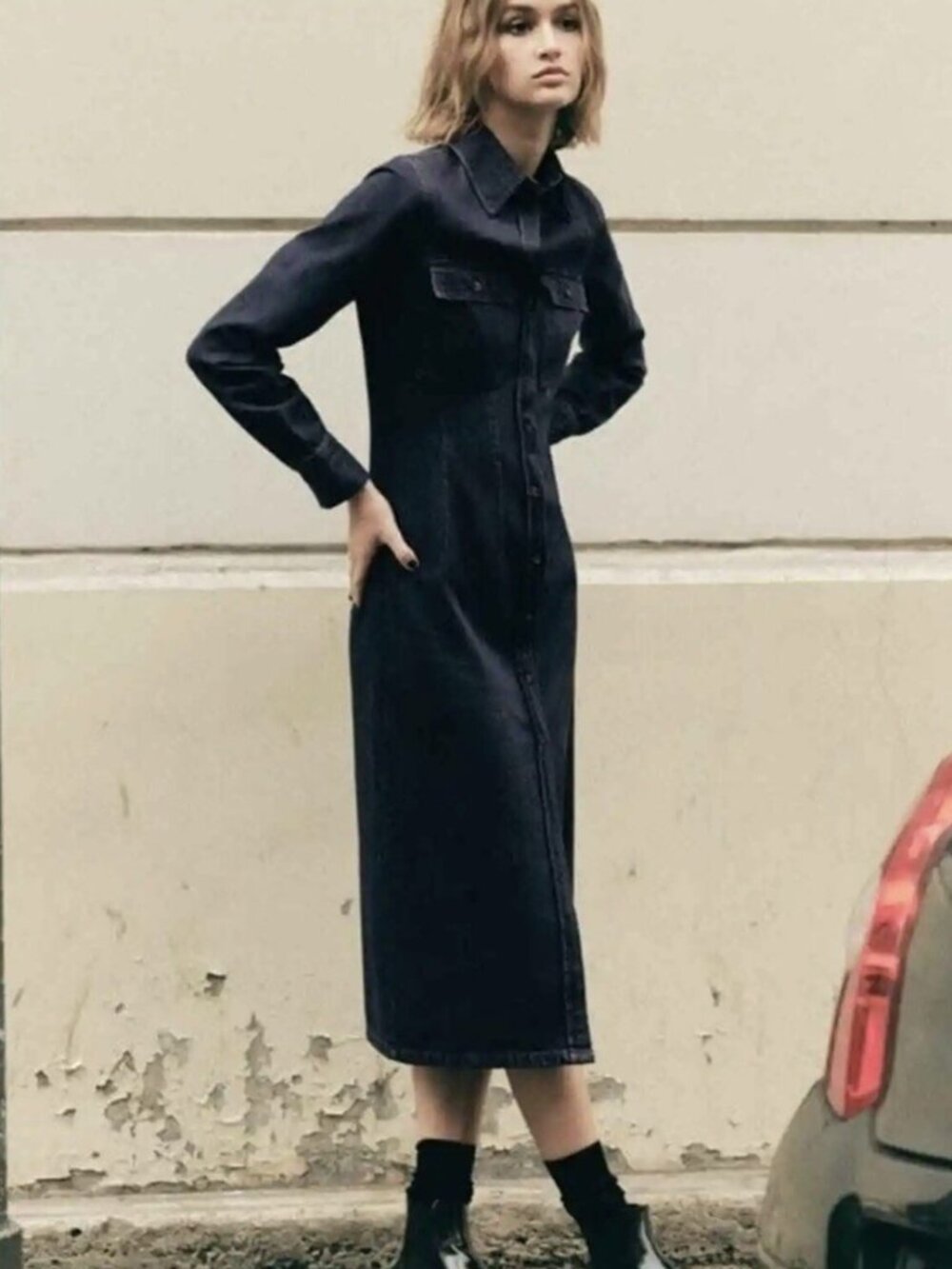 ZARA Dark Denim Button Front Shirt Dress ZW Collection Small